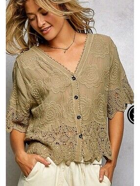 POL Open Front Crochet Flower Button Front Pattern Crochet Cardigan In Khaki
